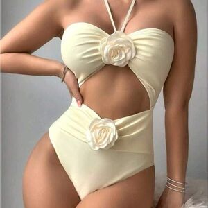 Strapless Cream Floral One-Piece Swimsuit